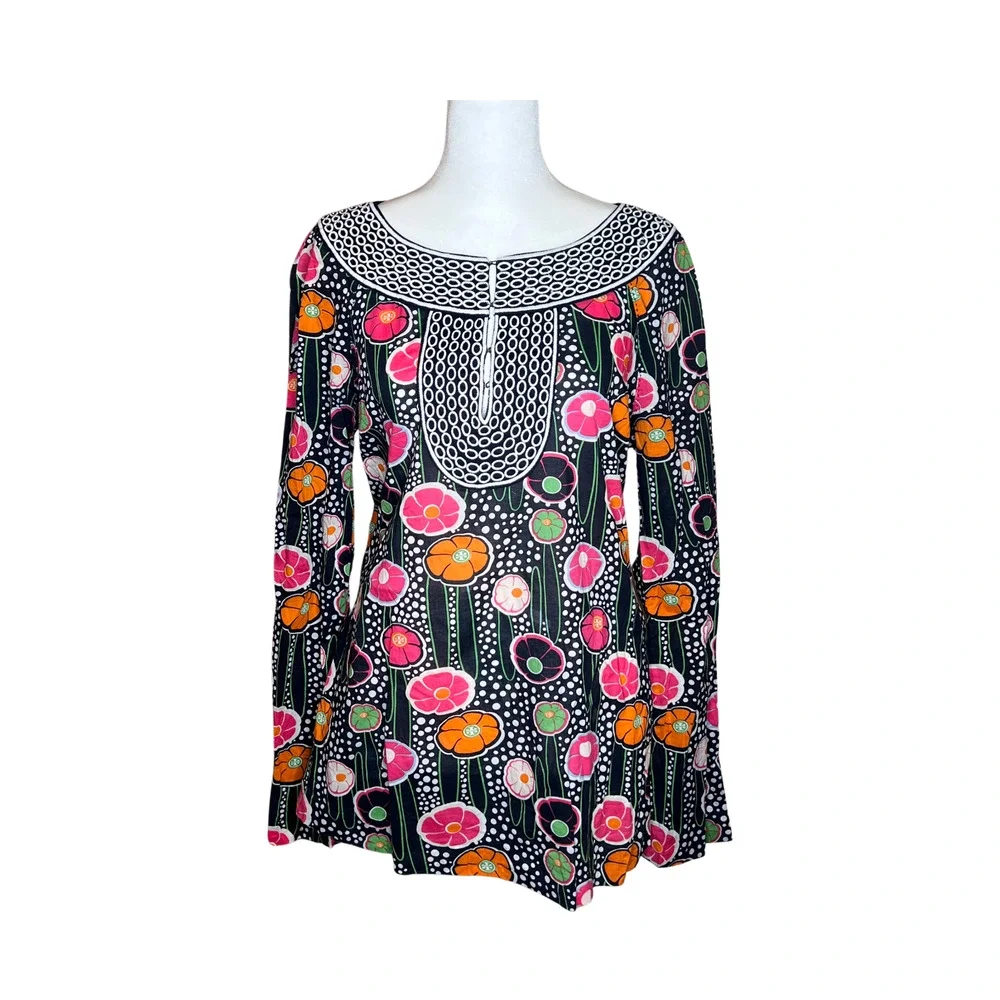 Tory Burch Multi-color Floral Tunic Top Artsy Groovy Boho Whimsical Maximalist